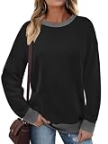 Cuptacc Jersey Mujer 2025 Moda Oversize Algodón Agradable A La Piel Top Mujer Cuello Crew Bloques De Color De Canalé Hombros Caídos Jersey Negro XL