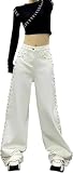 Jeans con Tachuelas para Mujer Jeans De Pierna Ancha, Talle Alto Y Detalle De Tachuelas Laterales Estilo Retro Y Elástico Versátiles para Cualquier Atuendo (Blanco,XL)