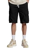 PrimeCrest Pantalones Cortos Hombre Cargo Algodon Bermudas con Bolsillos Verano Estilo Trabajo Casual Cordón Ajustable Cintura Elástica Deporte Gym Holgados Leisure Shorts Negro L