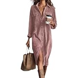 Vestido Camisero de Pana para Mujer, Estilo otoño, con Botones. Vestido Casual de Manga Larga con Cuello de Solapa y Bolsillos. (Pink,XS)