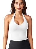 ZAAYO Halter Neckline Tank Top Mujer Deep V Acolchado Crop Top Mujer Verano Básico Sexy sin Mangas Verano Tops, Blanco, S