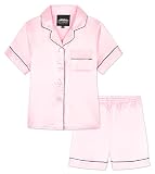 CityComfort Pijama Niña Verano Pijamas Adolescentes Conjunto 2 Piezas Pijama Saten Corto Manga Corta con Botones Ropa de Casa Regalo Niña (13-14 Años, Rosa)