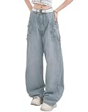 XKBHYD Pantalones de mezclilla holgados Y2K para mujer, cintura alta, estampado de estrellas, pantalones casuales con múltiples bolsillos, pantalones rectos de pierna ancha, azul, S