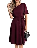 Bbonlinedress - Vestido de noche para mujer elegante y chic midi para cóctel, boda, baile, graduación, cuello redondo, mangas cortas con cinturón, granate, L
