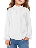 Haloumoning Niñas Blusas Volantes Camisas de Manga Larga Botón Cuello Alto Camisa Niños Lindo Ruffle Tops, Blanco, 12-14 Años