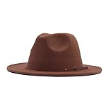 Generisch Sombrero clásico Panamá Fedora para mujer con cinturón de lana con hebilla, gorra de béisbol ancha estilo floppy elegante, marrón, talla única