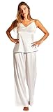 Laura in - Conjunto de Ropa para Mujer 2 Piezas Pijamas de Seda satén de Color Liso sólido Top con Tirantes y Pantalones Largos.1603BlancoXL