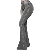 ZDJSWJ Vaqueros de Talle Alto con tachuelas para Mujer Pantalones acampanados lavados Boyfriend Loose Jeans casuales, gris, S