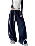 WANLAI Pantalones de chándal holgados Y2K para mujer, pierna ancha, pantalones de chándal para el tiempo libre, ropa urbana, cintura alta, pantalones de entrenamiento con bolsillos, azul marino, L