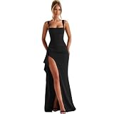 XFSRG Vestido Mujer Elegante Maxi sin Manga Verano Rajado Alta con Cuello Cuadrado Sexy Largos Vestidos para Cóctel Fiesta Noche(Negro/L)