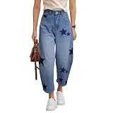 Barrel Jeans para Mujer, Holgados, con Estampado de Estrellas, de Herradura, Tiro Medio, Pierna Ancha, Pantalones de Mezclilla recortados al Tobillo, Azul, Large