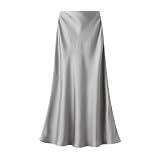 Falda Larga de Satén Mujer Cintura Elástica Primavera Verano Casual Plisada Seda Falda Cola de Pez,M,Gris