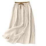 GMQWRK Falda midi de algodón y lino para mujer, moda UK, estilo informal, con lazo elástico en la cintura, abertura en el dobladillo y bolsillos, falda dividida de verano, falda midi, falda de mujer