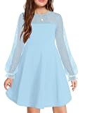 Arshiner Vestido Niñas de Fiesta Vestido Infantil con Cuello Redondo Informal hasta la Rodilla Vestido de Manga Larga para niñas Azul 165