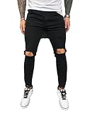 Osheoiso Vaqueros Rasgados de Hombre Skinny Denim Jeans Vintage Pantalone con Cremallera Jóvenes Moda Elasticos Agujero Pantalón Largo Vaqueros Ajustados D Negro L