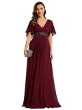 Ever-Pretty Elegantes Vestidos de Noche Vestidos de Novia Extra Largos Vestidos de Invitada de Mujer Cuello en V de Gasa de Cintura Alta Burdeos 44