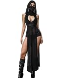 Aucute Vestido transparente gótico para mujer, cuello alto, sin mangas, abertura alta con capucha, atuendo para festival de música EDM, Negro , M