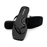 sharllen Chanclas de cuero para mujer, punta cuadrada, soporte de arco, cómodas, delgadas, sandalias planas para verano, playa, piscina, Negro espejo, 36 EU