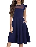 Arshiner Vestido para niña, Color Liso, Manga Ondulada, Malla, una línea, Vestido Skater, Vestido de Fiesta con 2 Bolsillos Laterales, Vestidos Casuales de Verano, 11-12T, Azul Marino, 150