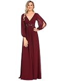 Ever-Pretty Vestido de Fiesta Largo para Mujer Alto Bajo Escote Redondo Manga Corta A-línea Gasa Burdeos 44