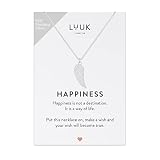 LUUK LIFESTYLE Collar de plata de ley 925 con colgante de alas de ángel y tarjeta mensaje HAPPINESS, amuleto de la suerte y regalo niña, accesorio de joyería para novia y esposa, plateado