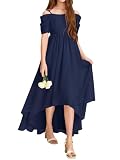 Haloumoning Vestido de niña con hombros descubiertos con volantes, vestido de verano para niños, línea A, monocolor, elegante, vestido de fiesta, boda, cumpleaños, festivo, azul oscuro, 9-10 años