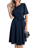 Bbonlinedress - Vestido de noche para mujer elegante y chic midi para cóctel, boda, baile, graduación, cuello redondo, mangas cortas con cinturón, azul marino, M