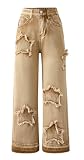 SEAUR Pantalones vaqueros para niña de pierna ancha con cintura elástica Y2K Denim Jean pantalones rectos patrón de estrellas 130-160 = (EU 122-158), caqui, 134