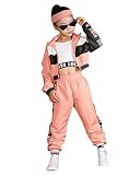 LOLANTA Conjunto de 3 piezas de ropa de hip hop para niñas, chándal retro de los años 80, camiseta sin mangas corta, chaqueta con cremallera y pantalones deportivos, Rosa, 10-11 años, 150