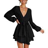 Vestido de Mujer Manga Larga Mini Vestidos con Cuello en V Profundo Casual Vestido Corto Volantes Playa Bodycon Dress Elegante con Cintura