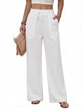 Fashora Pantalones Mujer Verano Pantalon Ligeros Ancho Comodo Pantalones Cintura Elastica Fluido Casual Pantalón Palazzo Elegante con Bolsillos y Ajuste con cordón. (Blanco, M)