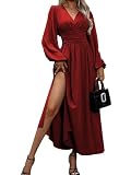 LUVCES Vestido Mujer Elegante Plisado Cuello en V Vestido Cintura Alta Manga Larga Dividido Vestido Largo Causal Otoño Invierno Vestidos de Cóctel Fiesta Burdeos M