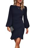 HUXRAKV Vestido Mujer Elegante Manga Larga Casual Vestido De Volante Dobladillo Vestidos para Invitada Coctel, A-Azul Marino, XL