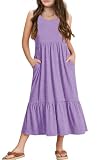Haloumoning Vestidos de niña de verano sin mangas vestido de cuello redondo sin mangas vestido de tirantes para niños vestido largo casual vestido de verano, morado, 12-14 Años