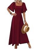 LIAMERHE Vestido Largo Mujer Verano Elegante Cuello Cuadrado Manga Volante Vestido Maxi de Fiesta Boda Casual Línea A Cintura Alta Estilo Boho Chic Vestido de Playa Burdeos S