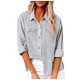 Genérico 2026 Blusa Informal de Manga Larga con Bolsillos para Mujer Camisa Elegante y Cómoda de Algodón para Uso Diario (Grey, XL)