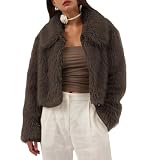 Amazhiyu - Abrigo de piel sintética para mujer, manga larga, cuello redondo, cremallera, chaqueta de invierno suave y cálida, marrón, L