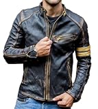 Chaqueta motera Cafe Racer Vintage para hombre de cuero negro envejecido de piel de cordero genuina, Negro, M