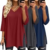 Suilung Pack 3 Tops Mujer Oversize Manga 3/4 Cuello V, XXL, 3-Color