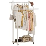 Lutown-Teen Burro Ropa de Gran Resistencia con Ruedas Bloqueables, Perchero Burro Ropa Metálico con Estante de Almacenamiento, Capacidad de 60 kg, Fácil Montaje, Doble Barra, Blanco