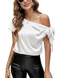 VIDUSSA Blusa de seda con hombros descubiertos para mujer, informal, manga corta, cuello asimétrico, blusa de satén, Blanco, Large