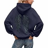 Sudadera con capucha para mujer, talla grande, con lentejuelas, alas de ángel, estampado de manga larga, cuello redondo, holgada, cómoda, elegante ropa de calle, C03 Navy, XXL