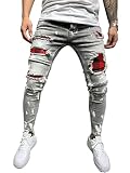 Osheoiso Vaqueros Rasgados de Hombre Skinny Denim Jeans Hip Hop Slim Fit Pantalone Casuales Elasticos Agujero Pantalón Hombre Vaqueros Ajustados Oversized A Gris M