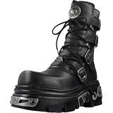 New Rock Bota unisex M.373-S4 de la Metallic Collection – estilo punk, gótico y biker – piel vacuno negra, suela reactor, plataforma 5 cm y tacón 7 cm, cierre por cordones, fabricación España 43