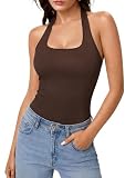 Aottori Camiseta sin Mangas Mujer Cuello Halter Canalé Ajustada Marrón L