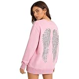 Sudadera para mujer sin capucha, suéter con estampado de alas de ángel, camiseta de manga larga, camiseta de manga larga, cuello redondo, parte superior para exterior, holgada, holgada, ropa de salón