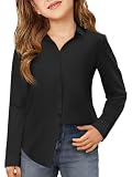 Haloumoning Blusas de manga larga para niña, con botones, camisa para niños, monocolor, con botones, básica, corte regular, uniforme escolar, 5-14 años, Negro , 11-12 años
