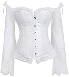 PANOZON Corset Brocado Corpiño Gótico y Clásico de Encaje para Mujer Fiesta de Halloween Novedades (Large, Blanco-16)
