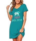 ENJOYNIGHT Camisón de Algodón de Manga Corta para Mujer Camiseta de Manga Corta Camisa de Noche Camisón de Verano Ropa de Noche (X-Large,Elefante Verde)