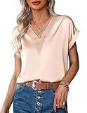 Zeagoo Blusa de Satén Mujer Camisas Elegante Verano Blusa Cuello V Manga Corta Camiseta Blusones Fiesta Tops Rosa L